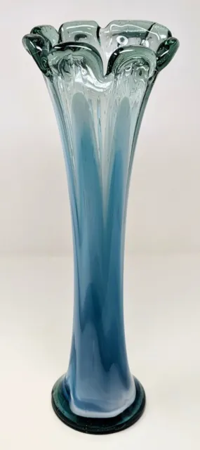 XL Vintage Aqua Blue White Clear Art Glass Vase Swung Stretch Petal Hand Blown