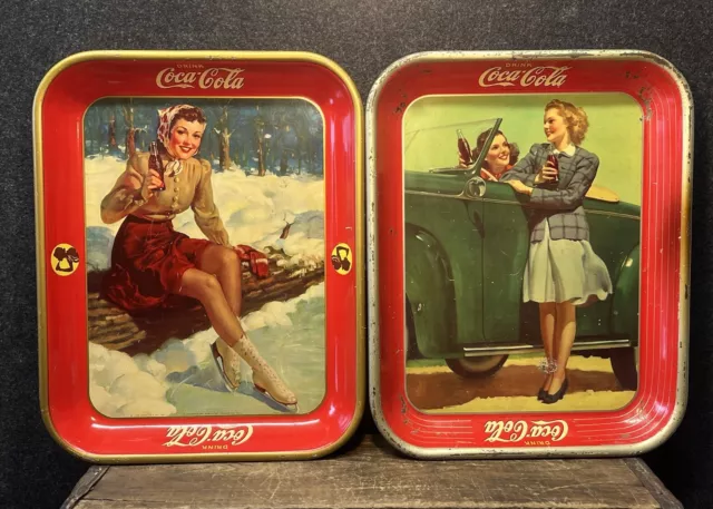 Vtg 1941 & 1942 Coca Cola Advertising Serving Beverage Trays Pair Skater 2 Girls