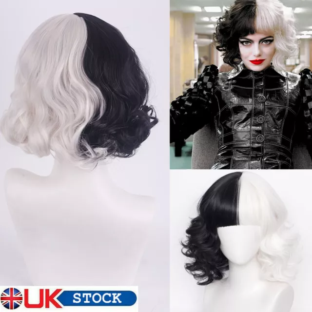 Cruella de Vil Emma Black & White Curly Hair Wig Halloween Cosplay Party Wigs UK