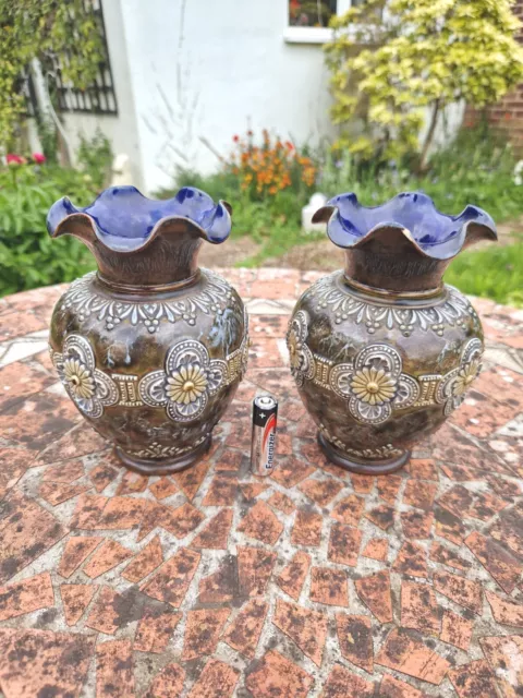 Superb Pair Of Art Nouveau Royal Doulton Vases 6" Signed Stoneware