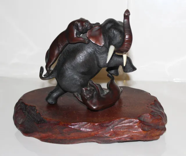 Japanese Bronze Elephant & 2 Tigers Fighting Marked - Signed Statue Wooden Base