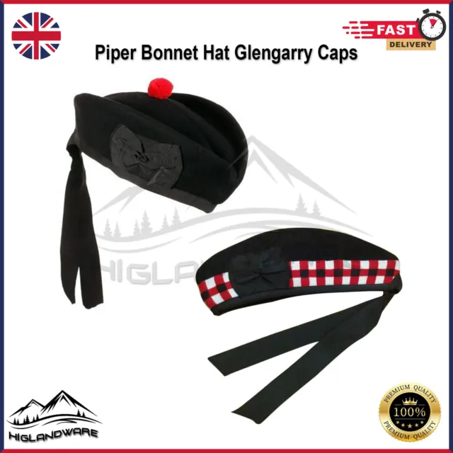 Scottish Glengarry Wool Hat Tradiitional Bonnet Bagpiper's Cap Triple Diced Wool