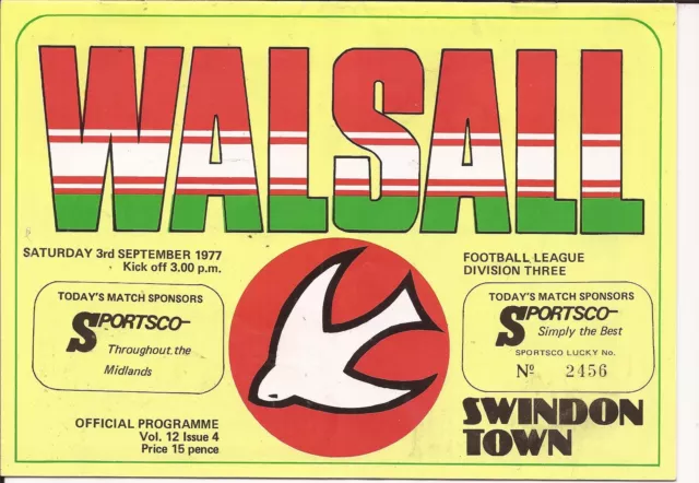 Walsall v Swindon Town - Div 3 - 3/9/1977 - Football Programme