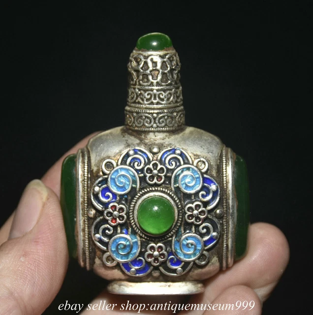2.8" Old Chinese Silver Inlay Grenn Jade Gem Dynasty Palace Flowers Snuff Bottle