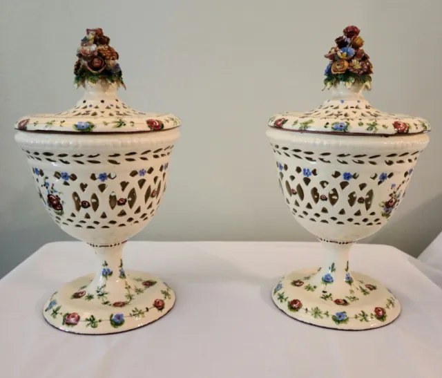 A Pair of Vintage 1940 Ceramic Italian Majolica Potpourri Urn Capodimonte