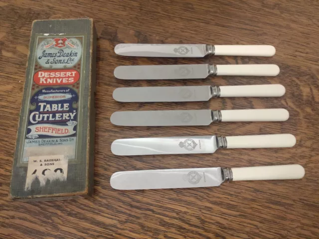 Vintage ART DECO Set 6 Faux Bone Handle DESSERT KNIVES by James Deakin Sheffield