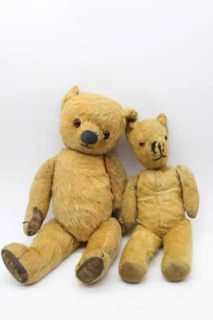 V x2 Antique Mohair Straw Filled Stuffed Teddy Bears Inc. Glass Eyes