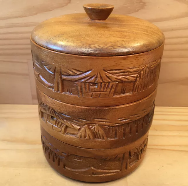 CARVED VILLAGE “Brown” Vintage Stacking Wooden Bowls Decorative Wood Box Tower