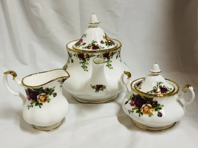 MINT 1962 Royal Albert Old Country Roses Teapot-Sugar-Creamer 3 piece Set