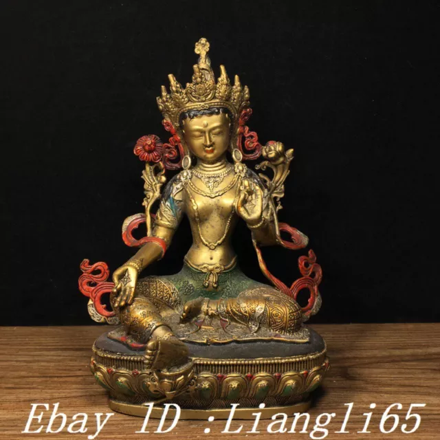 Tibet Buddhismus Bronze Malerei Grüne Tara Mahayana Erleuchtungsgöttin Statue