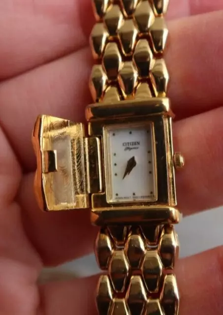 RARE Vintage Citizen Elegance Hidden Face Flip Open Gold Tone Watch Wristwatch