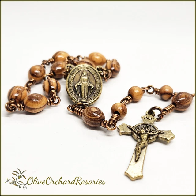 Handmade Miraculous Medal & Crucifix One-decade Rosary Holy Land Olive Wood Bead
