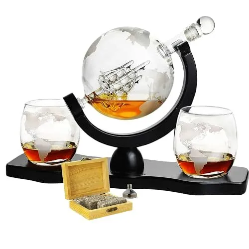 The Wine Savant Whiskey & Wine Decanter Globe World Set with Globe Glasses An...