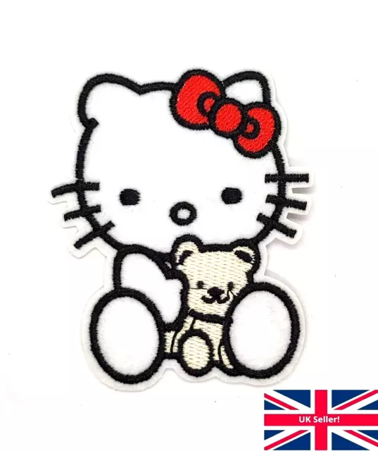 Hello Kitty mit Teddybär Bügeleisen Aufnähen Patch Kätzchen Abzeichen bestickt Patches