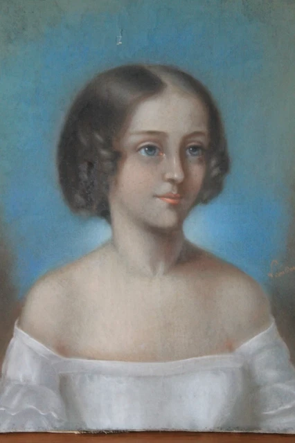Tableau ancien pastel portrait de femme XIXème