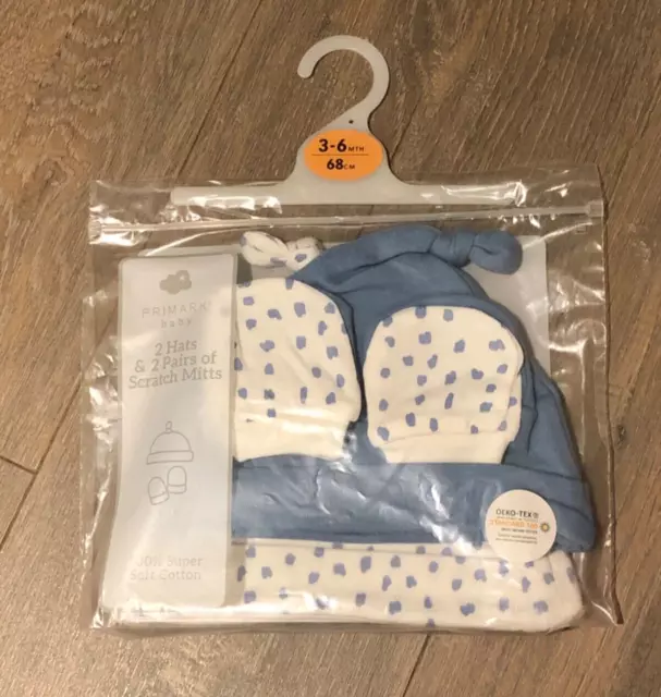 BNIP BNWT baby boy 2 hats 2 pairs mitts set blue white spotted soft  3 6 months