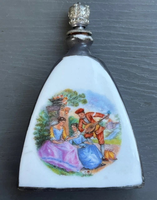 Antique German Porcelain Metal enameled scenic Crown Stopper Perfume Bottle🔥 Antique German Porcelain Metal enameled scenic Crown Stopper Perfume Bottle🔥
