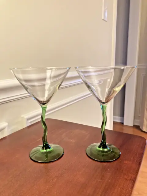 Libbey Courbe Blown Glass Green Stem Squiggly Martini Glass Set of 2