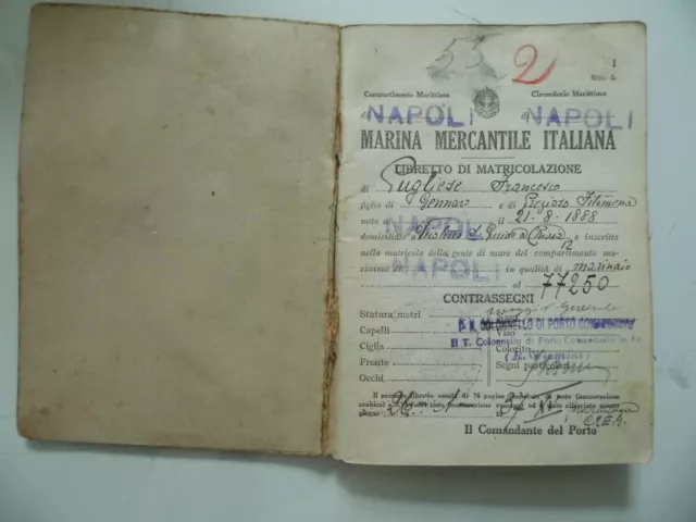 LIBRETTO "MARINA MERCANTILE ITALIANA  - LIBRETTO DI MATRICOLAZIONE" Napoli 1937