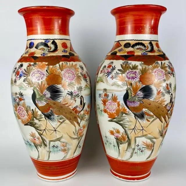 Pair of Vase XL Antique Japanese Kutani Meiji Hand Painted Bijin Lady & Pheasant