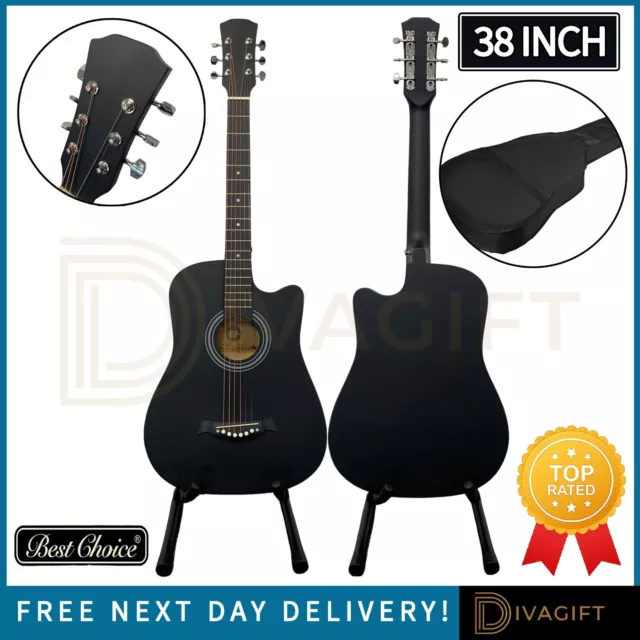 38" Inch Black Acoustic Guitar For Adult Beginners Cutaway Hardwood Finish New