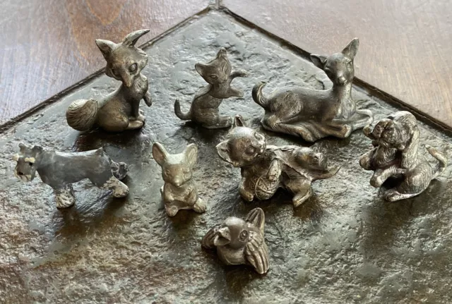 Vintage Pewter Miniature Figurines Animals Cat Fox Dog Bird Deer Bunny lot of 8