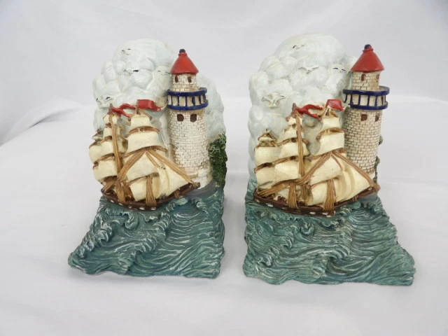 Sailboats with Lighthouse Nautical Bookends Beach House Nautical Decor