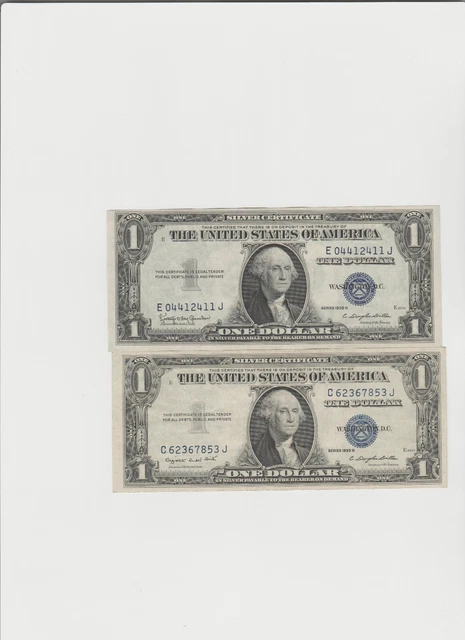 2 Notes 1935 G-H (1 with motto & 1 without motto) One dollar Silver Certificate