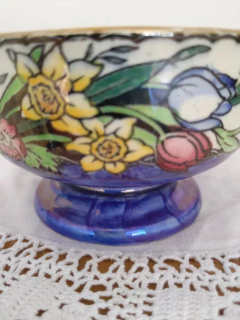 Blue Lustre Bowl Spring Flowers.  By Maling. Two handles. Gilding 2