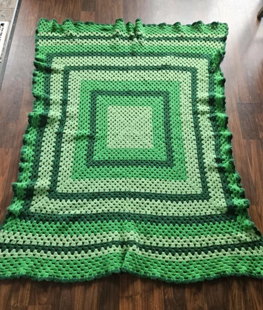 Vintage Crocheted Granny Afghan Throw Blanket Green 67"x48"