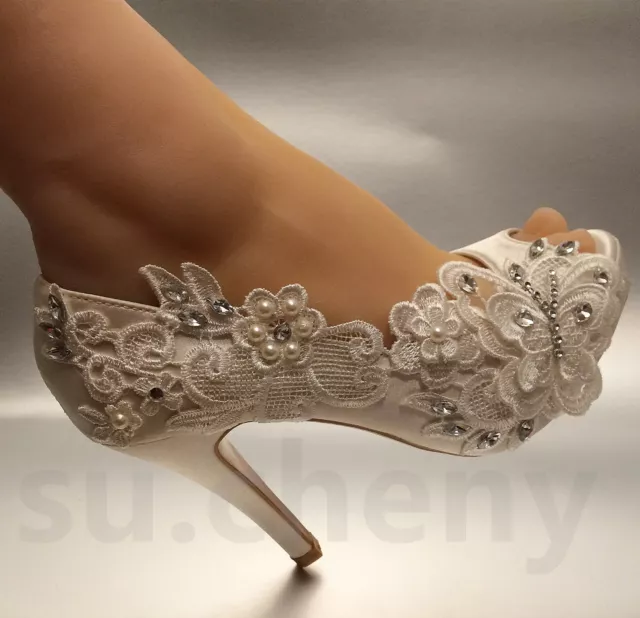 su.cheny 3"4" heel white ivory silk lace peep open toe Wedding Bridal heel shoes