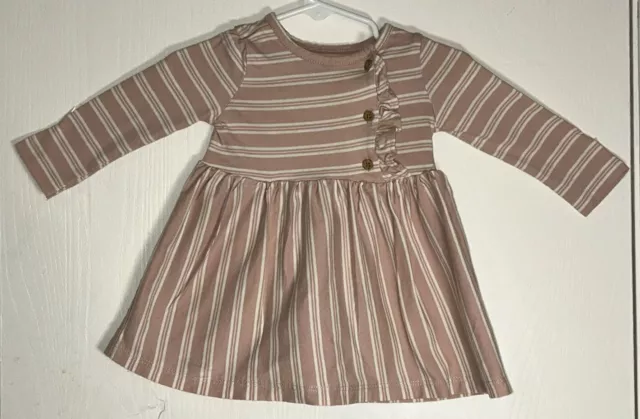 Carter's Baby Girl 6M Dress Long Sleeve Mauve w/ White Stripes Brown Buttons EUC