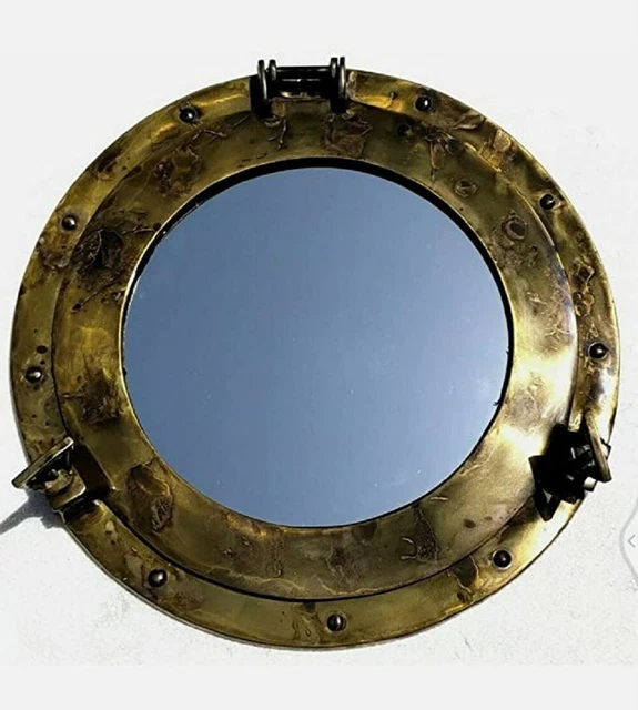 Latón Antiguo Portilla 12" Marítimo Náutico Barco Ventana Espejo de Pared Hogar