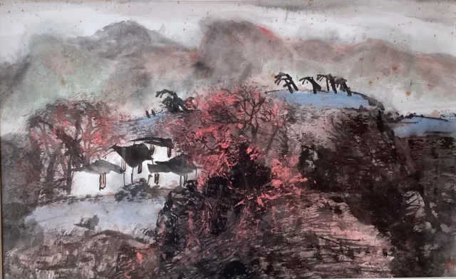 Peinture Chinoise XXe, Paysage, Encre et gouache sur papier, Signé, D 75 x 48 cm