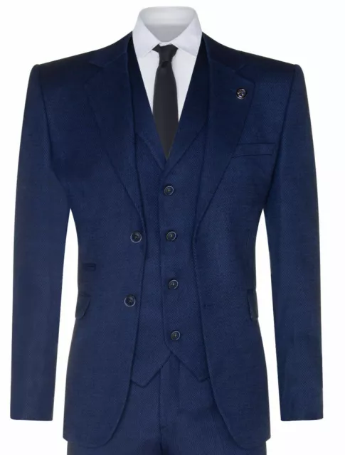Mens Navy Blue 3 Piece Tweed Herringbone Suit Peaky Blinders Classic Tailored