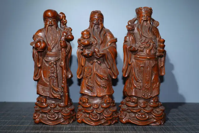 Three Chinese Natural Boxwood Hand-carved Exquisite Fulushou Statue  6792