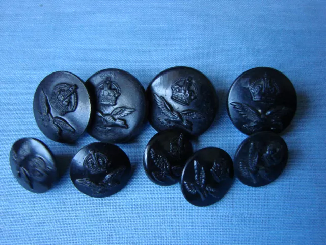 9x WW2 RAF black plastic King's Crown buttons.