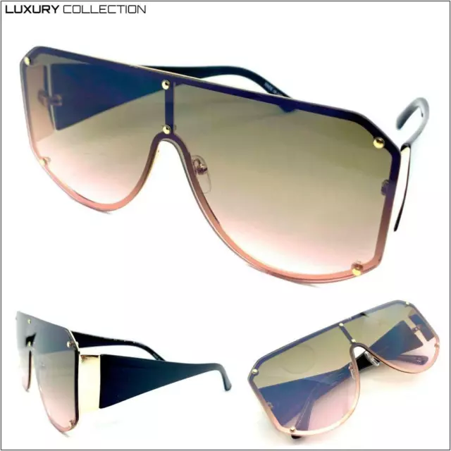 OVERSIZED Exaggerated Retro Shield SUN GLASSES Gold Frame Flat Smoke & Pink Lens