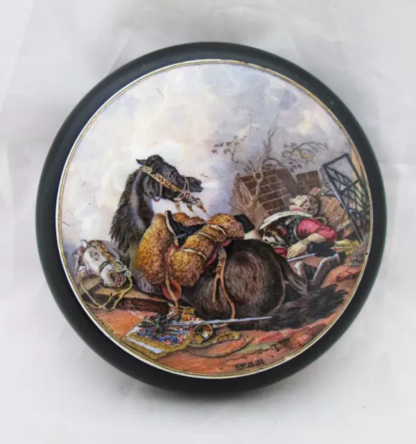 Antique Pratt Ware Pot Lid, War, Black Ebonized Wooden Frame Soldier & Horse