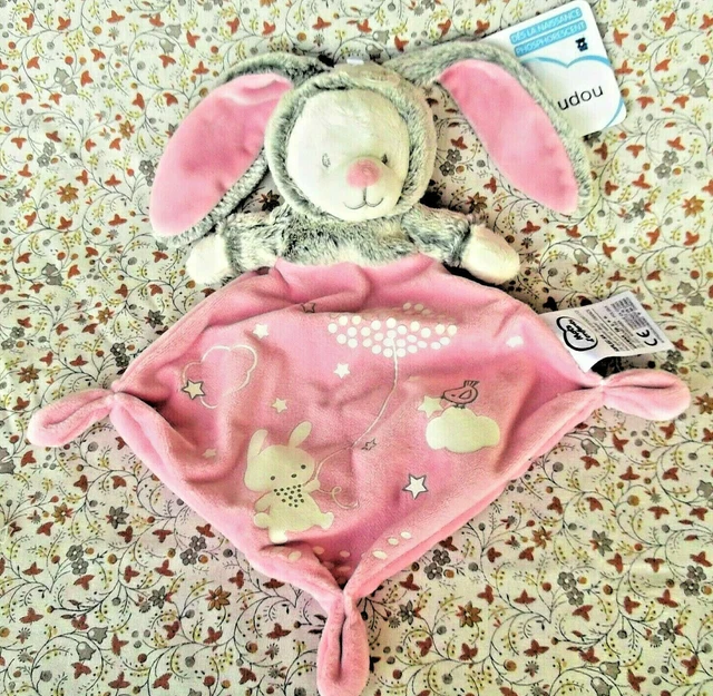 L/ Doudou Plat Mots D'enfants Ours Lapin Rose Gris Capuche  Neuf Etiquette