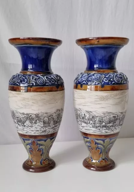 Antique Pair Hannah Barlow  Doulton Lambeth Vases Sheep Grazing.