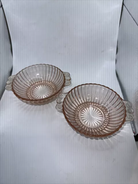 Pair Of Vintage Pink Depression Glass Oyster & Pearl Candy /Nut Bowls Rib Handle