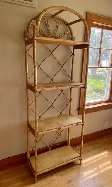 MCM Mid Century Mod Rattan Bamboo Wicker Etagere Bookcase Shelf Shelving Stand