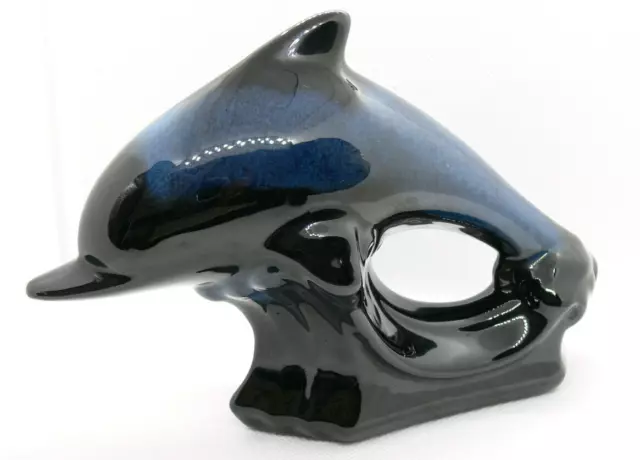 Blue Mountain Pottery Leaping Dolphin 12cm Blue/Green Black Drip Glaze