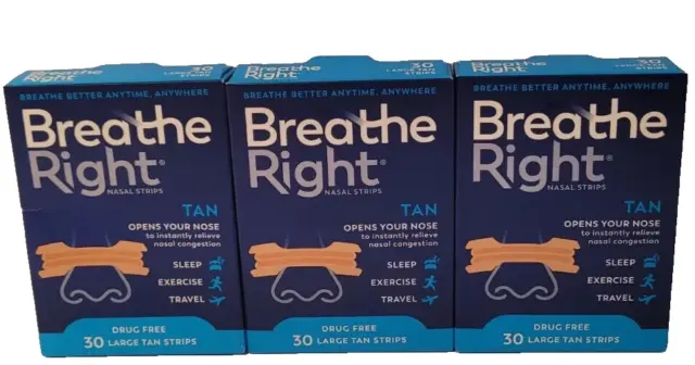 ( 90 ) Breathe Right Nasal Strips Large Tan ( 3 X 30 Ct Boxes ) Nib Exp 2027-28