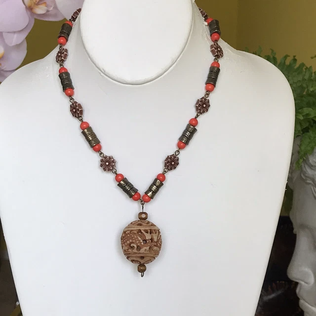 Vintage Chinese Dragon Resin Ball Pendant Coral Beads Brown Flowers Necklace 14”