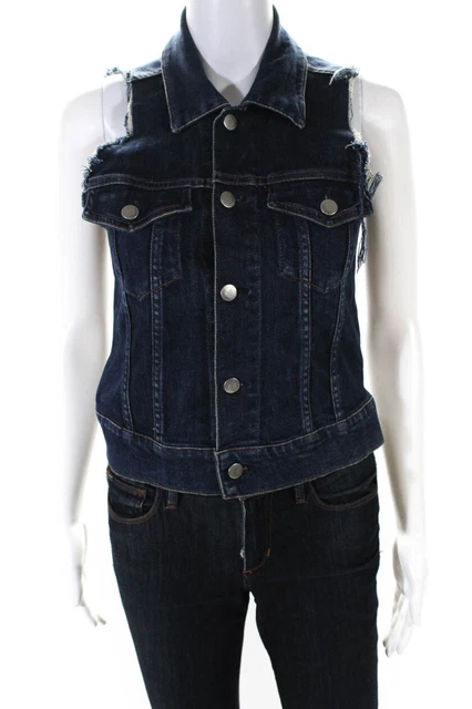 Theory Womens Cotton Blue Collard Sleeveless Vest Jean Jacket Size M