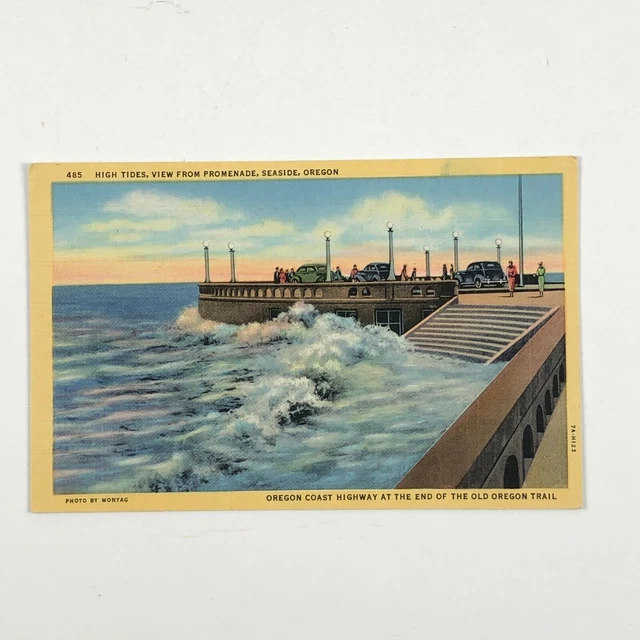 High Tides View From Promenade Seaside Oregon Old Oregon Trail Linen Postcard