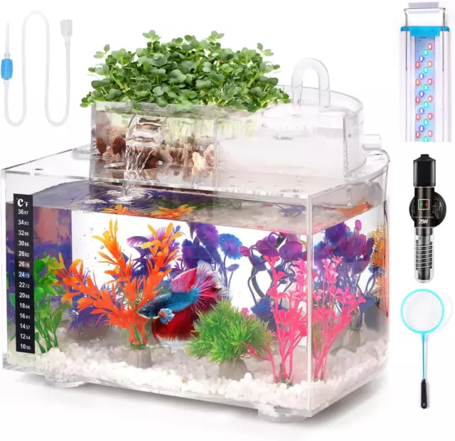 Betta Fish Tank Kit 3 Gallon Aquarium Self-Cleaning with LED Light Filter Heater