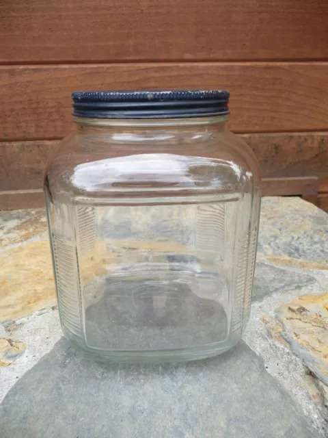 Vintage Large Square Ribbed Glass Hoosier Jar Pantry Kitchen